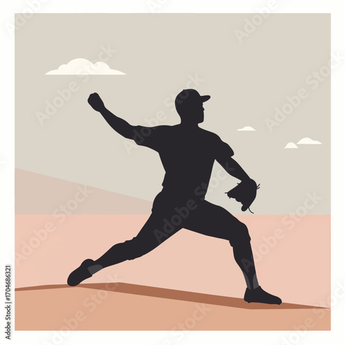 Minimalist Vector Illustration of a Baseball Pitcher in Dynamic Pose in Neutral Colors