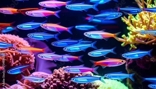 School of vibrant, colorful fish in an aquarium
