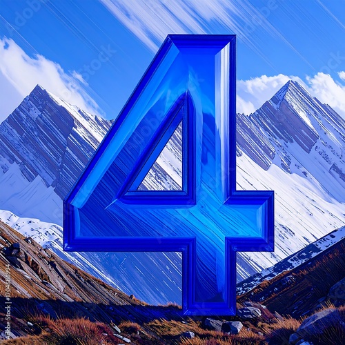 Blue number four against a backdrop of snow-capped mountains