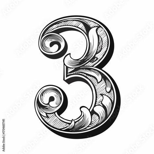 Number three with 3d bevel classic ornaments, engraving, and linocut style illustration