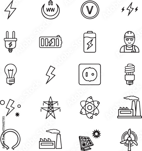 Electricity and energy icons in a grid format on white background lightning bolt voltage