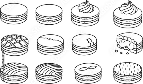 A collection of illustrated macarons with various decorative toppings and fillings, presented in a grid.