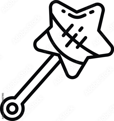 Simple line drawing of a star-shaped baby rattle with a circular end on the handle.