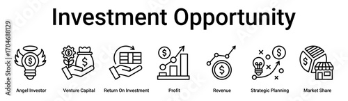 Investment Opportunity banner web icon vector illustration concept for business with icon of Angel Investor, Venture Capital, Return On Investment, Profit, Revenue, Strategic Planning, Market.