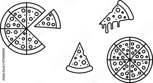 Delicious pizza slices and whole pizzas, presented in a clean, graphic style.