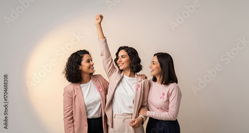 Three empowered Hispanic businesswomen celebrating victory for breast cancer awareness. Concept of strength and solidarity.