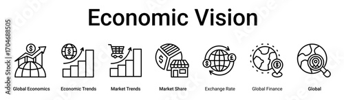 Economic Vision banner web icon vector illustration concept for business with icon of Global Economics, Economic Trends, Market Trends, Market Share, Exchange Rate, Global Finance.
