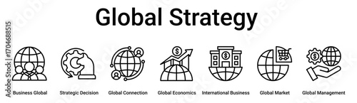 Global Strategy banner web icon vector illustration concept for business with icon of Business Global, Strategic Decision, Global Connection, Global Economics, International Business, Global Market.