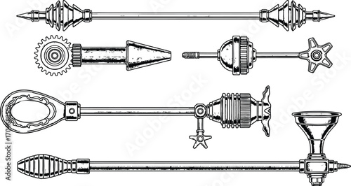 Collection of intricate, antique-style mechanical tools and devices in line art