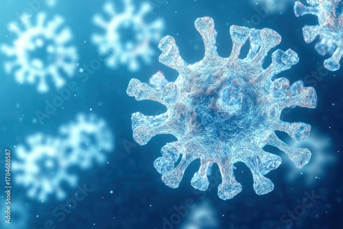 Close-up view of translucent virus particles with spike proteins suspended in a blue microscopic environment, representing infection and microscopic pathogens