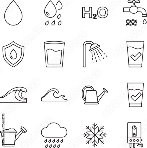 Water icons collection drop H2 O faucet shield shower waves watering can cloud snowflake water drop