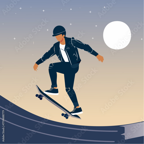nonbinary skateboarder at dusk vector illustration for dynamic lifestyle branding