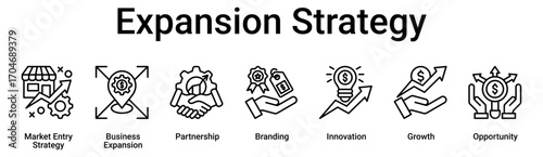 Expansion Strategy banner web icon vector illustration concept for business with icon of Market Entry Strategy, Business Expansion, Partnership, Branding, Innovation, Growth.