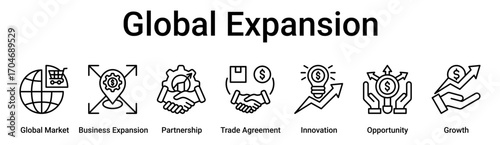 Global Expansion banner web icon vector illustration concept for business with icon of Global Market, Business Expansion, Partnership, Trade Agreement, Innovation, Opportunity.