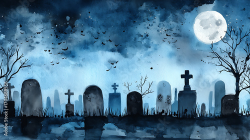 A graveyard with a full moon in the background
