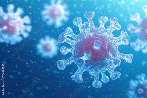 Close-up 3D visualization of multiple virus particles with spiky surface proteins floating in a blue environment, conveying a microscopic infectious scene