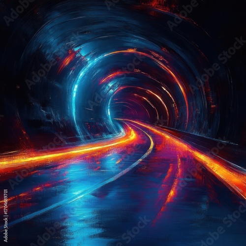 Curved futuristic tunnel with glowing neon blue and orange lights reflecting on wet road surface creating a dynamic and immersive atmosphere