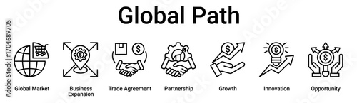 Global Path banner web icon vector illustration concept for business with icon of Global Market, Business Expansion, Trade Agreement, Partnership, Growth, Innovation.