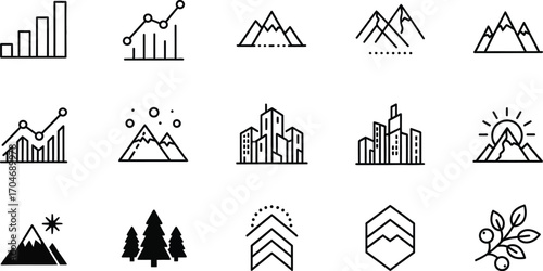 Collection of modern line art icons representing growth, nature, and urban life