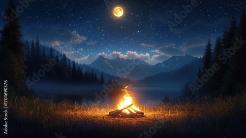 Bright full moon shining over a tranquil mountain lake surrounded by pine trees under a starry night sky with a glowing campfire on grassy shore