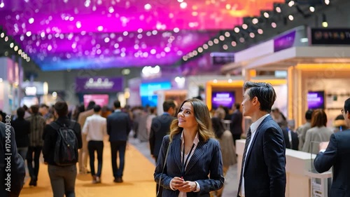 Busy trade show floor, professionals networking