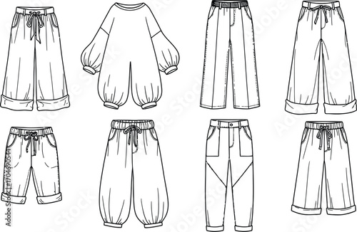 Fashion sketches of children's clothing with elastic waistbands and drawstring details.