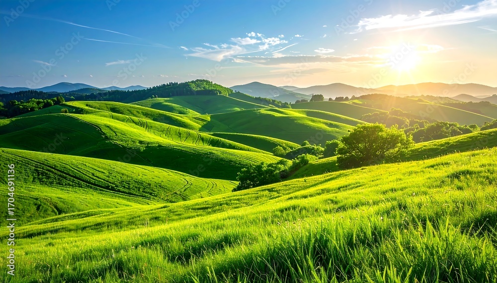 Fototapeta premium Vibrant green rolling hills of Tuscany bathed in warm morning sunlight.