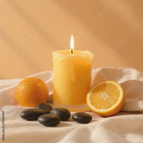 Relaxing Candle with Oranges and Spa Stones