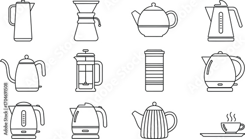 Collection of various kitchen kettles and brewing devices in a clean line art style.