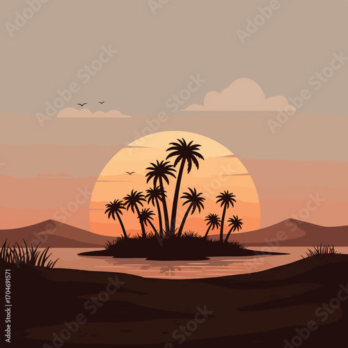 Vector Illustration of Tropical Island Sunset with Palm Trees in Modern Minimalist Style in Warm Orange and Brown Colors