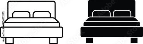 Simple line art and silhouette icons of a double bed with pillows