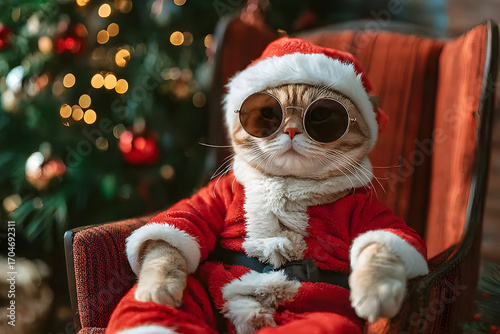 A playful cat dressed in a Santa costume and sunglasses, sitting confidently in front of a Christmas tree with festive lights.