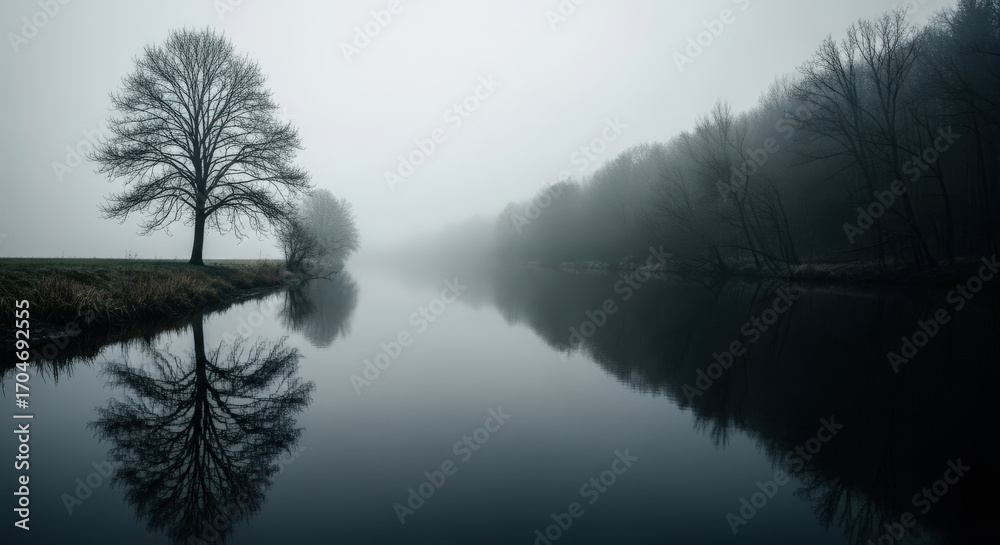 Obraz premium Ethereal River Landscape with Bare Tree Reflections in Foggy Waters A Serene Scene of Nature's Beauty and Tranquility in a Misty Environment with Atmospheric Depth