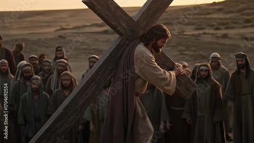 Realistic Illustration Of Jesus Carrying The Cross With Followers