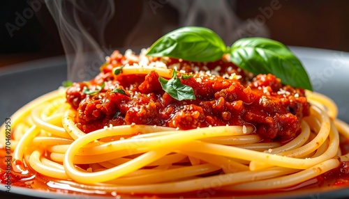 Spaghetti Bolognese in extreme macro reveals rich tomato sauce clinging to pasta strands, savory meat texture, and steamy warmth. A cinematic view of a classic comfort dish