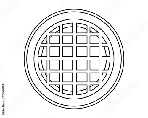 Detailed illustration of a round drain cover with a square grid pattern, clean design.