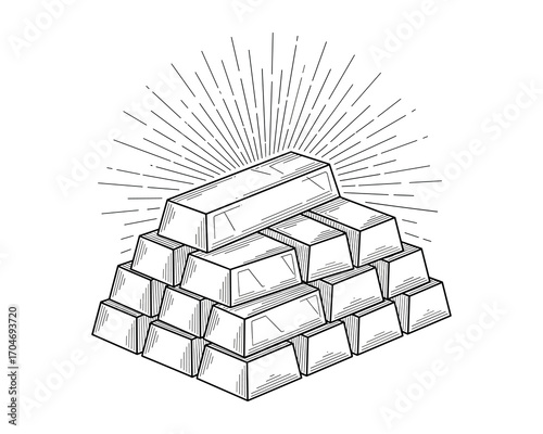 Hand Drawn Stack of Gold Bars with Radial Lines Symbolizing Wealth and Prosperity