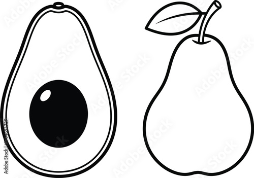 Simple black and white illustration of a halved avocado next to a pear with a leaf