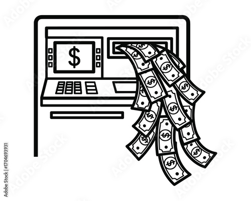Automated Teller Machine Dispensing Currency: Line Art Illustration of Financial Access