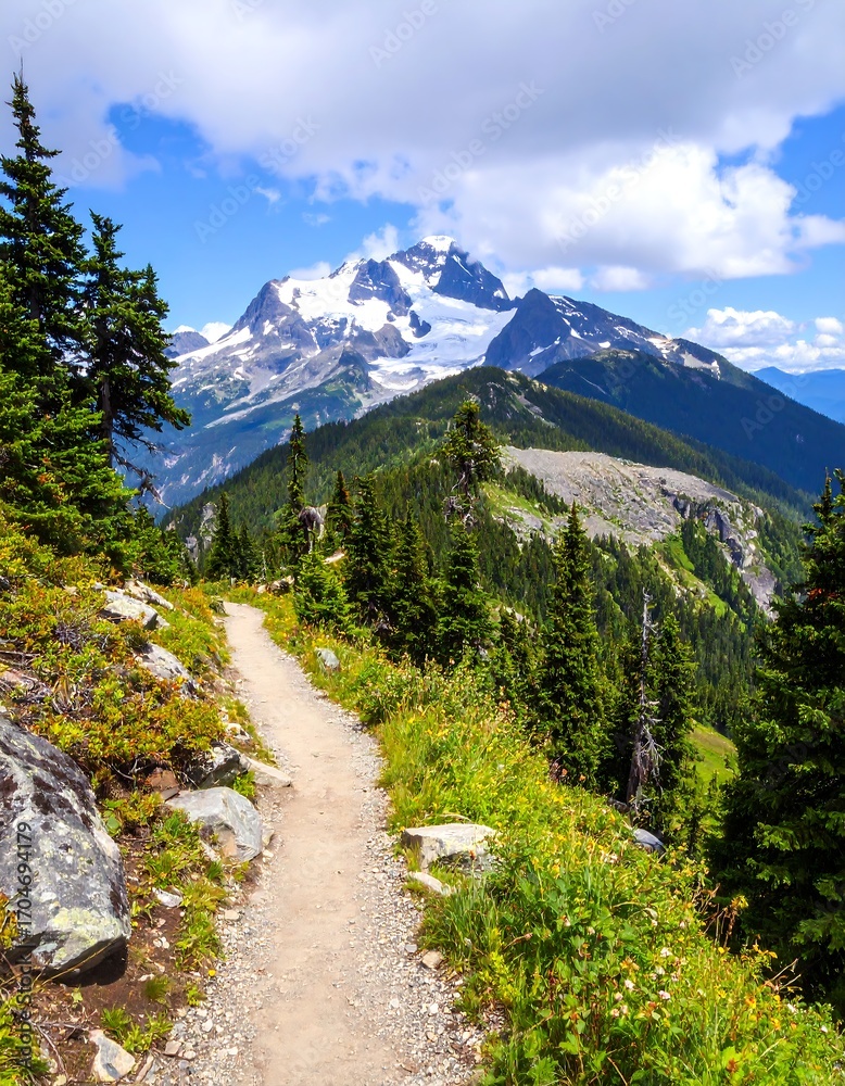 Fototapeta premium Hiking trail winds upward, rocky hillside, snow-capped mountain peak
