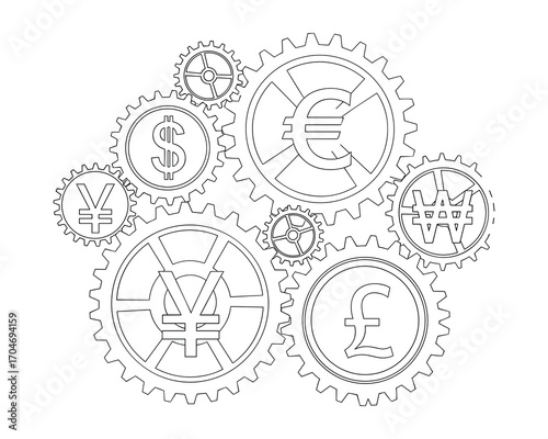 Currency Symbols Interlocking in Gears Illustration Representing Financial Mechanisms