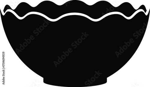 Simple black silhouette of a decorative bowl with a wavy rim, isolated on a white background.