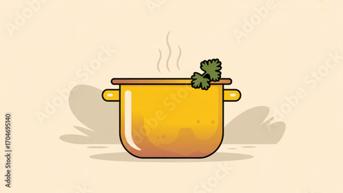Cooking pot illustration with steam and cilantro for kitchen and recipe design vector graphic asset