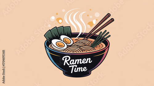 Delicious bowl of ramen noodle soup illustration with eggs and nori seaweed for asian food lovers