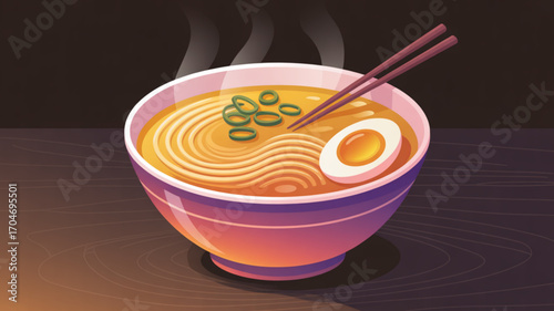 Delicious bowl of ramen noodle soup with egg and scallions asian food illustration vector design