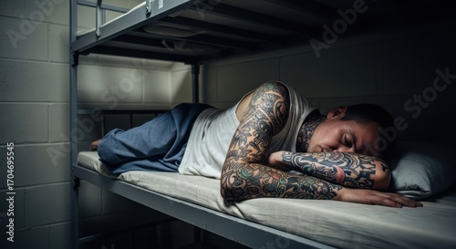 Captive slumber tattooed inmate on bunk portrays isolation inside confined space