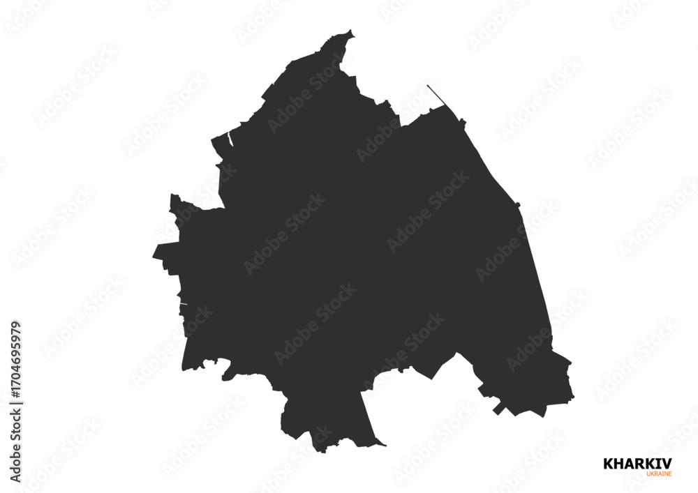 Obraz premium A black silhouette vector map of Kharkiv, featuring clear outlines of the city's boundaries and key geographical features.