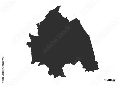 A black silhouette vector map of Kharkiv, featuring clear outlines of the city's boundaries and key geographical features.
