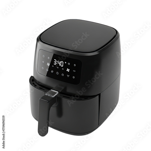 Modern digital air fryer with touchscreen display isolated on transparent background