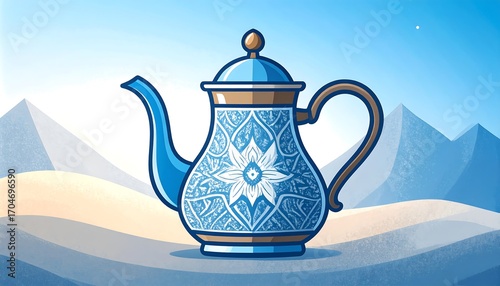 Blue teapot with intricate design, desert backdrop